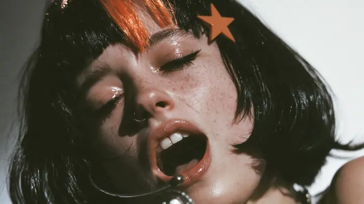 close-up of a young Caucasian American woman with pale skin and light freckles, a glossy black blunt jaw-length bob with heavy bangs and one clay-orange streak through the bangs, a small flat clay-orange…
