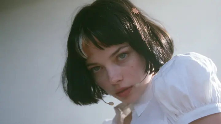 medium close-up of a young Caucasian American woman with pale skin and light freckles, a glossy black blunt jaw-length bob with heavy bangs and one clay-orange streak through the bangs, a small flat clay-orange…
