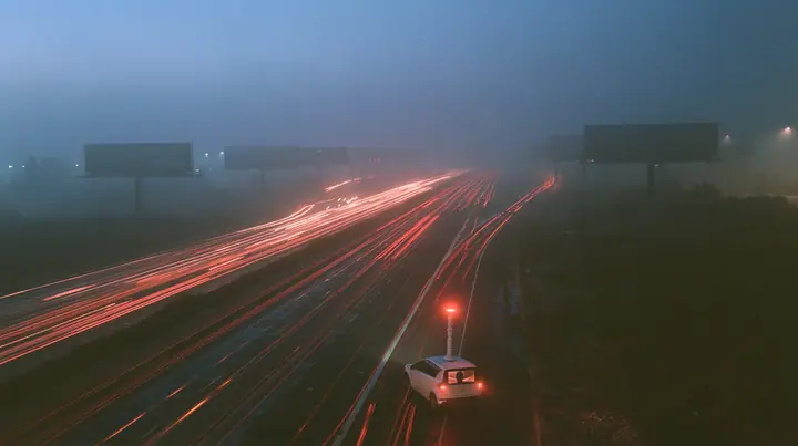 extreme wide shot from a high overpass of a fogged eight-lane freeway at night, rows of enormous blank billboards on steel poles receding into the fog, streams of red tail lights, one small white compact electric SUV…