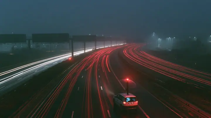 extreme wide shot from a high overpass of a fogged eight-lane freeway at night, rows of enormous blank billboards on steel poles receding into the fog, streams of red tail lights, one small white compact electric SUV…