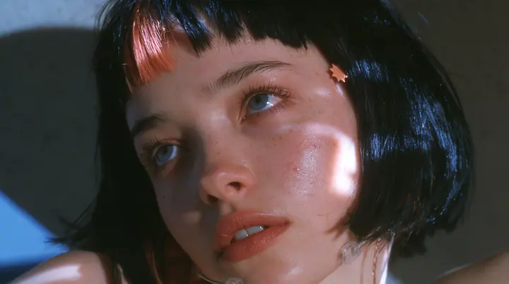 close-up from a low angle of a young Caucasian American woman with pale skin and light freckles, a glossy black blunt jaw-length bob with heavy bangs and one clay-orange streak through the bangs, a small flat…