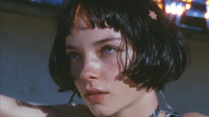 close-up from a low angle of a young Caucasian American woman with pale skin and light freckles, a glossy black blunt jaw-length bob with heavy bangs and one clay-orange streak through the bangs, a small flat…