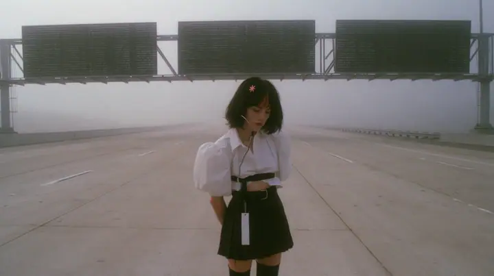 extreme wide shot of three enormous split-flap signs with blank black flaps on steel gantries spanning an empty freeway in white fog, receding one behind the other, a young Caucasian American woman with pale skin and…