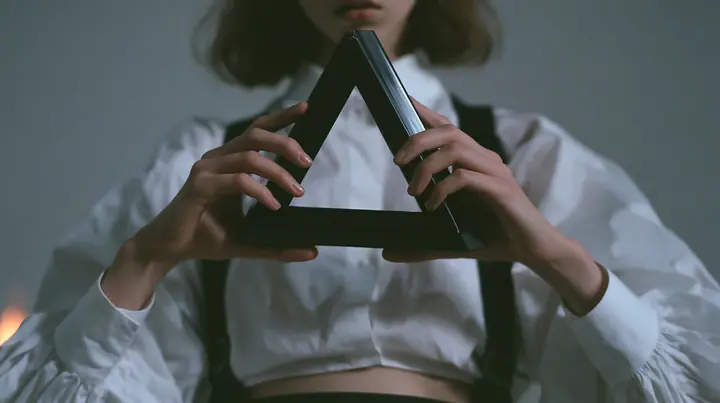 close-up of a young Caucasian American woman's hands holding an impossible triangle object made of matte black metal at chest height, a white cropped shirt and harness straps behind, no face, the right third empty…