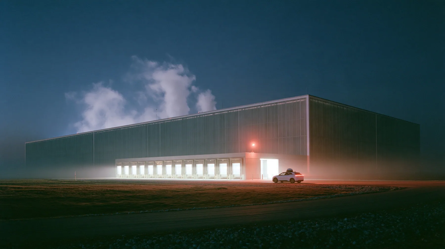 extreme wide shot of a vast windowless datacenter on a black plain at night, white steam plumes rising from its roof, a long row of loading bays lit white, one red aviation lamp, a small white electric SUV robotaxi…