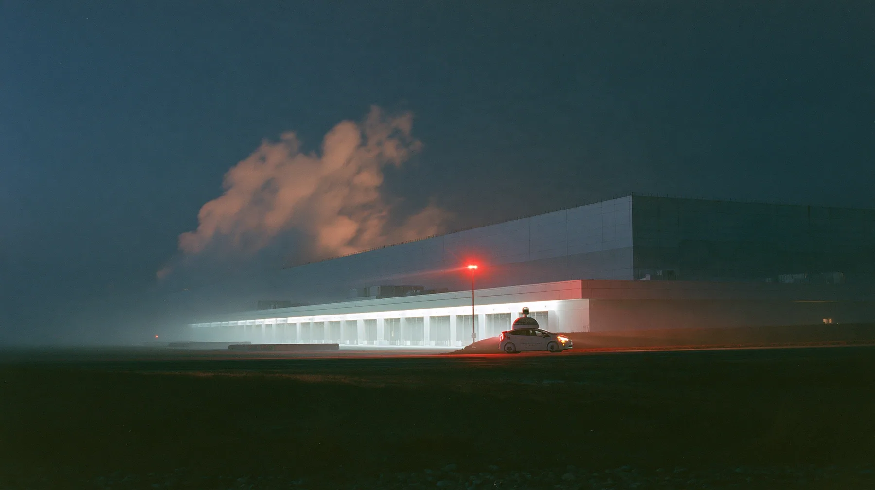 extreme wide shot of a vast windowless datacenter on a black plain at night, white steam plumes rising from its roof, a long row of loading bays lit white, one red aviation lamp, a small white electric SUV robotaxi…