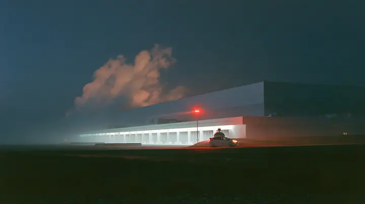 extreme wide shot of a vast windowless datacenter on a black plain at night, white steam plumes rising from its roof, a long row of loading bays lit white, one red aviation lamp, a small white electric SUV robotaxi…