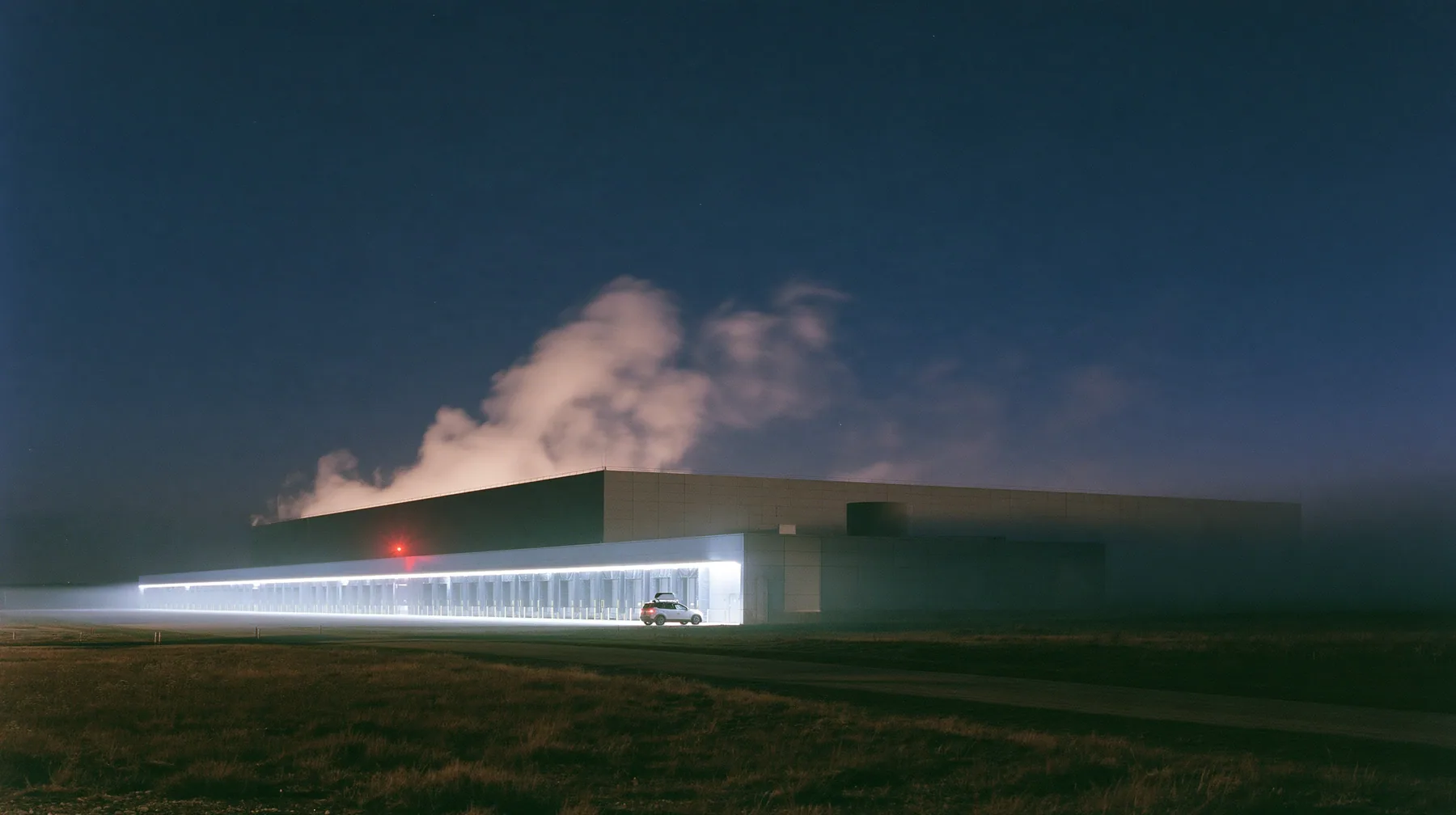 extreme wide shot of a vast windowless datacenter on a black plain at night, white steam plumes rising from its roof, a long row of loading bays lit white, one red aviation lamp, a small white electric SUV robotaxi…