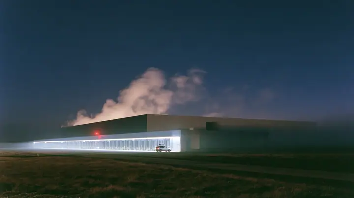 extreme wide shot of a vast windowless datacenter on a black plain at night, white steam plumes rising from its roof, a long row of loading bays lit white, one red aviation lamp, a small white electric SUV robotaxi…