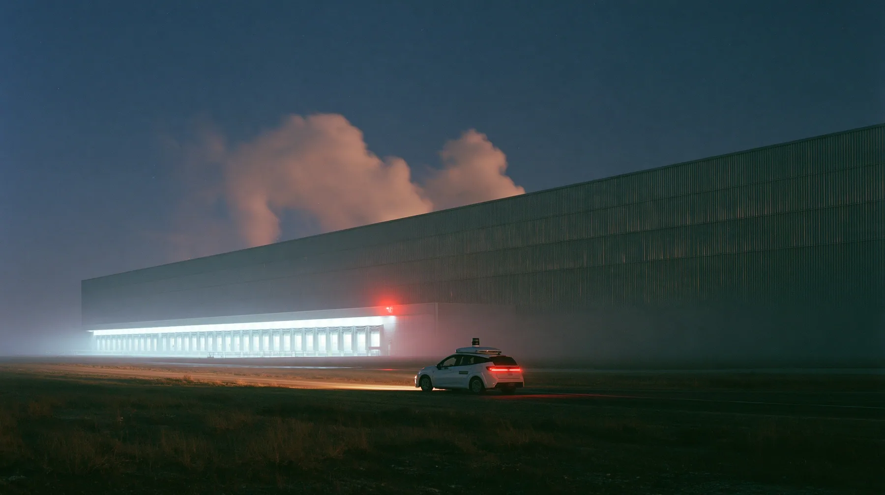 extreme wide shot of a vast windowless datacenter on a black plain at night, white steam plumes rising from its roof, a long row of loading bays lit white, one red aviation lamp, a small white electric SUV robotaxi…