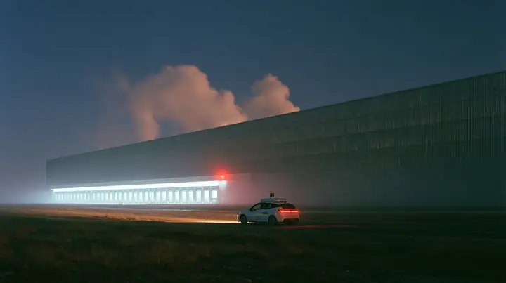 extreme wide shot of a vast windowless datacenter on a black plain at night, white steam plumes rising from its roof, a long row of loading bays lit white, one red aviation lamp, a small white electric SUV robotaxi…