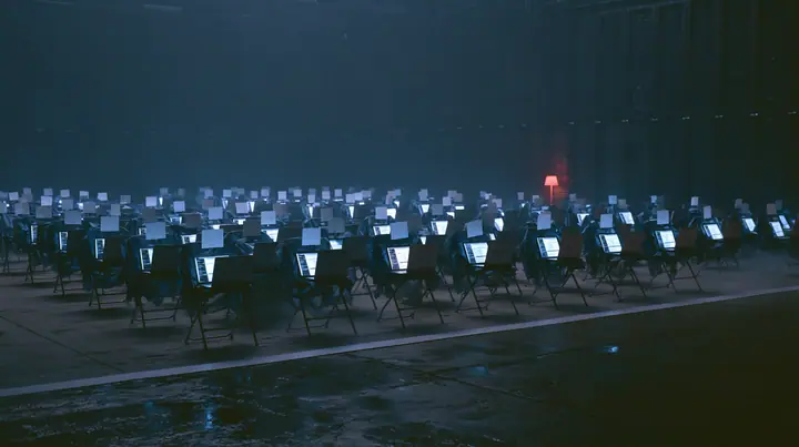 wide shot of the front row of a fashion show inside a dark server hall, every folding chair holds an open laptop glowing softly instead of a person, a small blank white card propped on each chair, the edge of the wet…