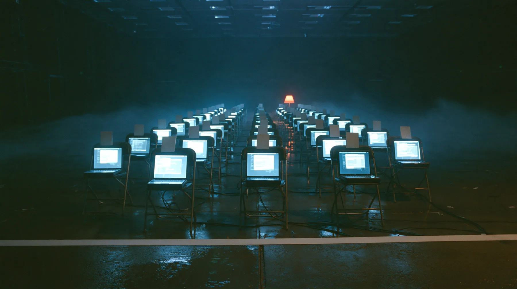 wide shot of the front row of a fashion show inside a dark server hall, every folding chair holds an open laptop glowing softly instead of a person, a small blank white card propped on each chair, the edge of the wet…