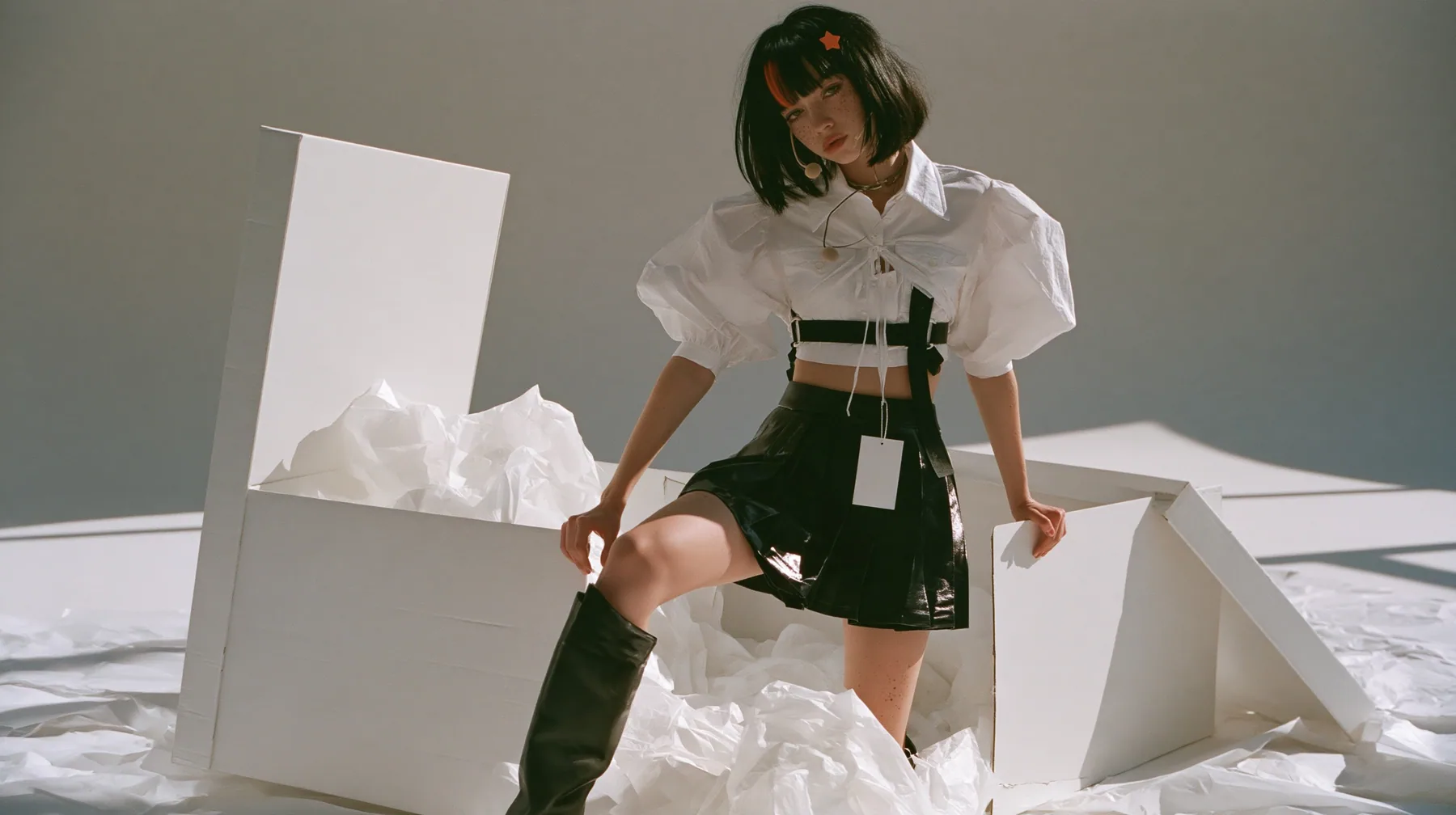 full-length shot of a young Caucasian American woman with pale skin and light freckles, a glossy black blunt jaw-length bob with heavy bangs and one clay-orange streak through the bangs, a small flat clay-orange…