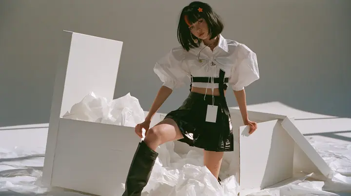 full-length shot of a young Caucasian American woman with pale skin and light freckles, a glossy black blunt jaw-length bob with heavy bangs and one clay-orange streak through the bangs, a small flat clay-orange…