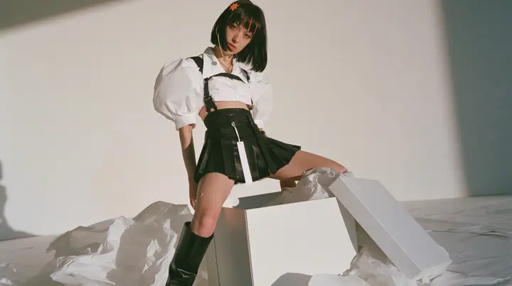 full-length shot of a young Caucasian American woman with pale skin and light freckles, a glossy black blunt jaw-length bob with heavy bangs and one clay-orange streak through the bangs, a small flat clay-orange…