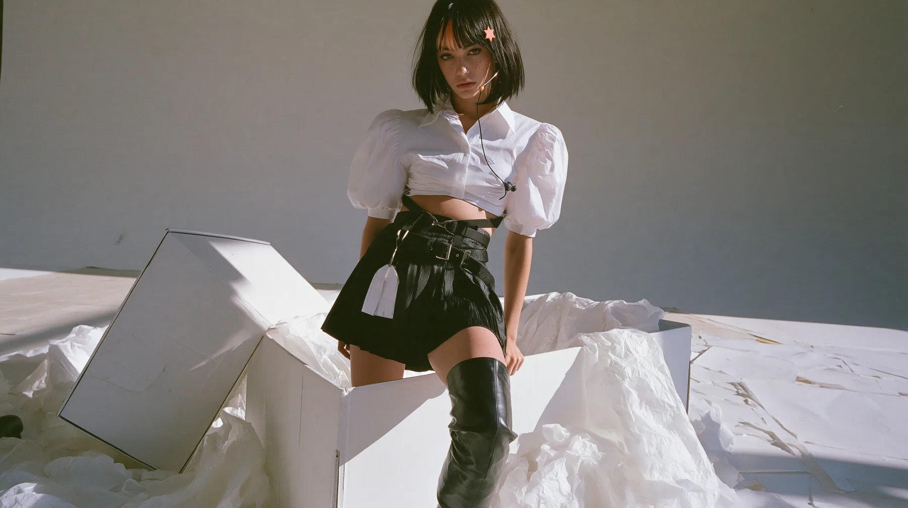 full-length shot of a young Caucasian American woman with pale skin and light freckles, a glossy black blunt jaw-length bob with heavy bangs and one clay-orange streak through the bangs, a small flat clay-orange…