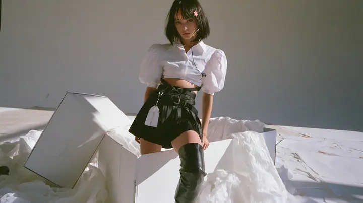 full-length shot of a young Caucasian American woman with pale skin and light freckles, a glossy black blunt jaw-length bob with heavy bangs and one clay-orange streak through the bangs, a small flat clay-orange…