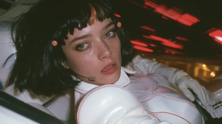 close-up, a 28-year-old Caucasian American woman with a grown-up angular face, defined cheekbones and a strong jawline, pale skin and light freckles, a glossy black blunt jaw-length bob with heavy straight bangs and…