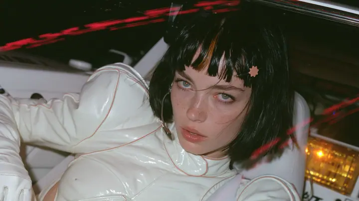 close-up, a 28-year-old Caucasian American woman with a grown-up angular face, defined cheekbones and a strong jawline, pale skin and light freckles, a glossy black blunt jaw-length bob with heavy straight bangs and…