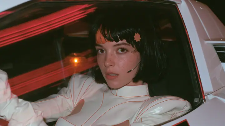 close-up, a 28-year-old Caucasian American woman with a grown-up angular face, defined cheekbones and a strong jawline, pale skin and light freckles, a glossy black blunt jaw-length bob with heavy straight bangs and…