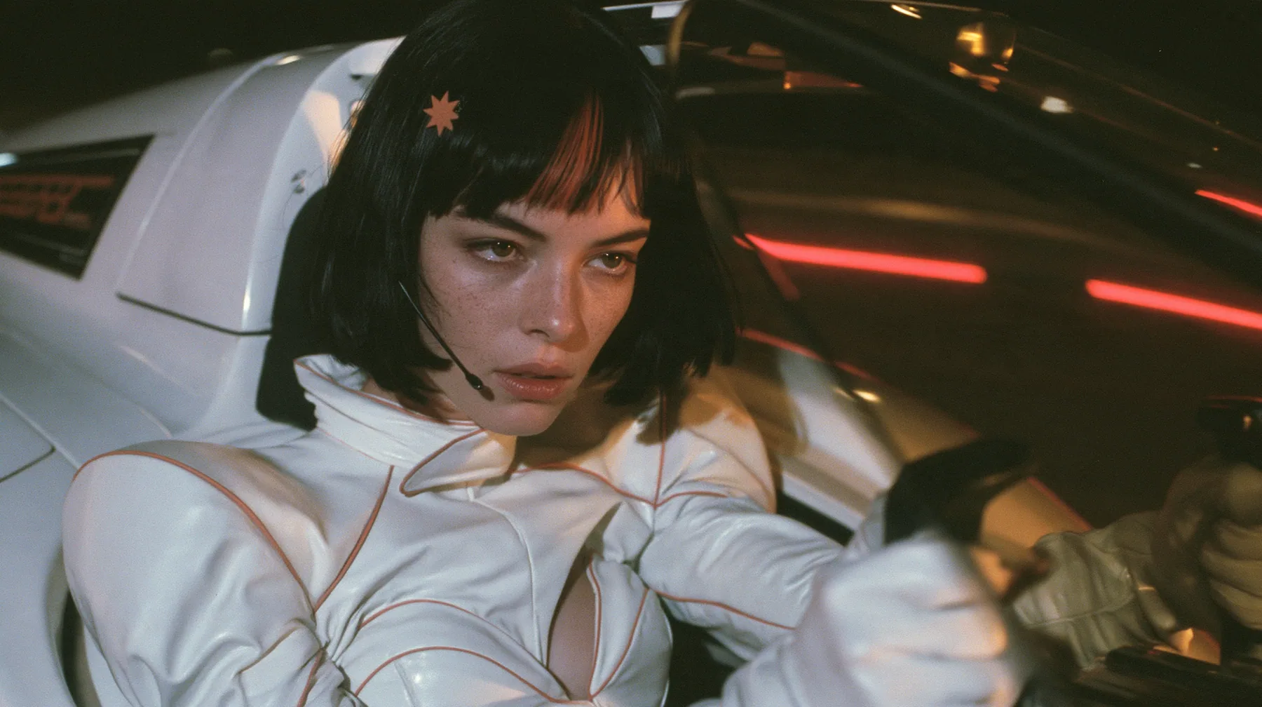 medium close-up, a 28-year-old Caucasian American woman with a grown-up angular face, defined cheekbones and a strong jawline, pale skin and light freckles, a glossy black blunt jaw-length bob with heavy straight…