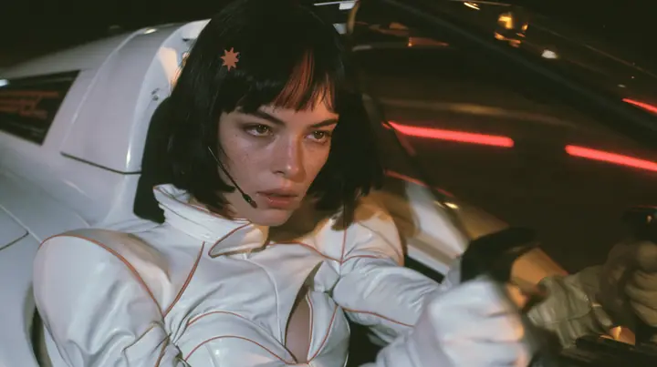 medium close-up, a 28-year-old Caucasian American woman with a grown-up angular face, defined cheekbones and a strong jawline, pale skin and light freckles, a glossy black blunt jaw-length bob with heavy straight…