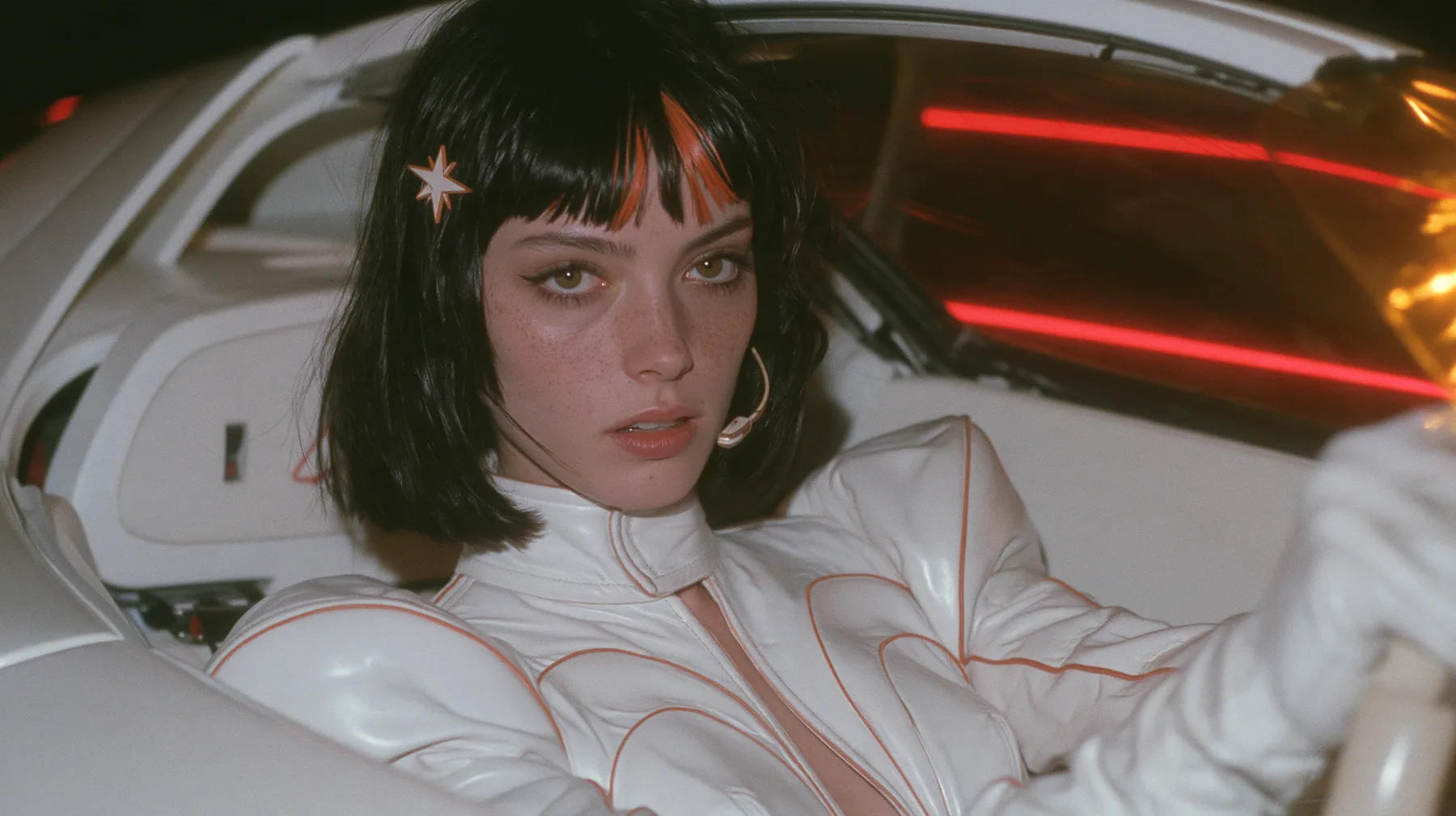medium close-up, a 28-year-old Caucasian American woman with a grown-up angular face, defined cheekbones and a strong jawline, pale skin and light freckles, a glossy black blunt jaw-length bob with heavy straight…