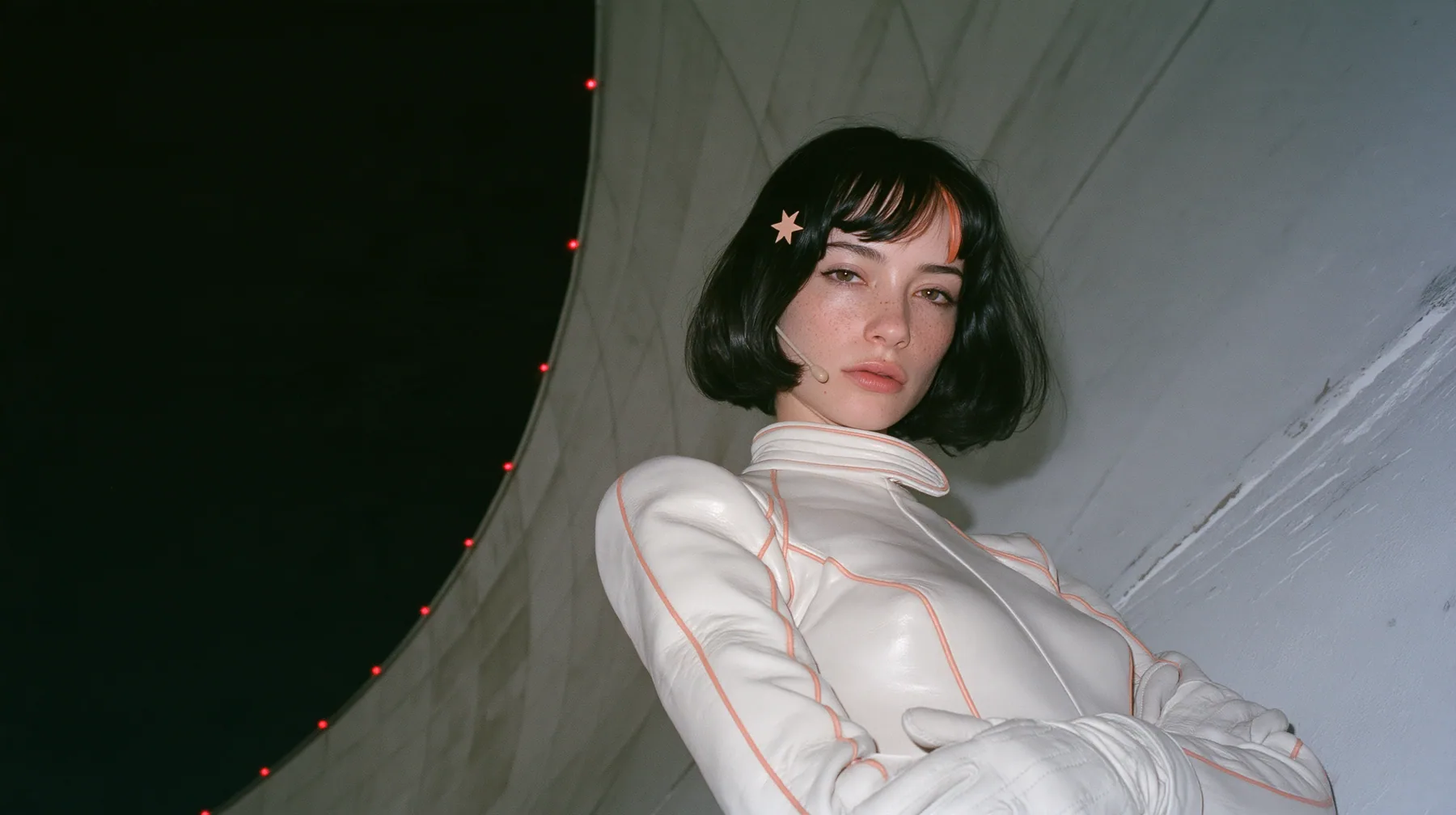 medium shot, a 28-year-old Caucasian American woman with a grown-up angular face, defined cheekbones and a strong jawline, pale skin and light freckles, a glossy black blunt jaw-length bob with heavy straight bangs…