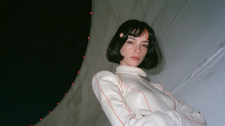 medium shot, a 28-year-old Caucasian American woman with a grown-up angular face, defined cheekbones and a strong jawline, pale skin and light freckles, a glossy black blunt jaw-length bob with heavy straight bangs…