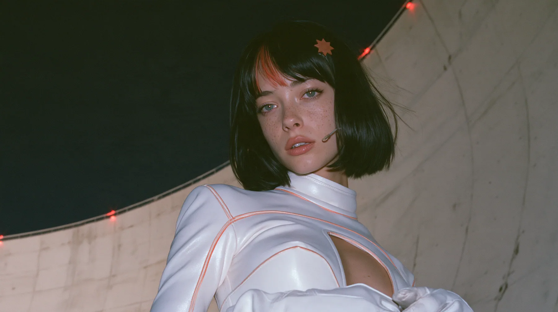 medium shot, a 28-year-old Caucasian American woman with a grown-up angular face, defined cheekbones and a strong jawline, pale skin and light freckles, a glossy black blunt jaw-length bob with heavy straight bangs…