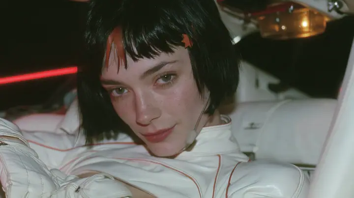 close-up, a 28-year-old Caucasian American woman with a grown-up angular face, defined cheekbones and a strong jawline, pale skin and light freckles, a glossy black blunt jaw-length bob with heavy straight bangs and…