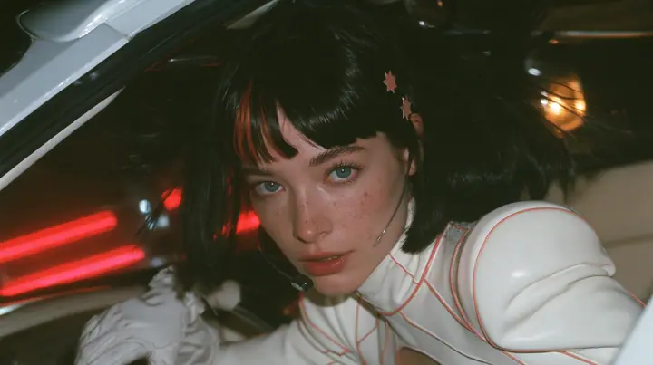 medium close-up, a 28-year-old Caucasian American woman with a grown-up angular face, defined cheekbones and a strong jawline, pale skin and light freckles, a glossy black blunt jaw-length bob with heavy straight…