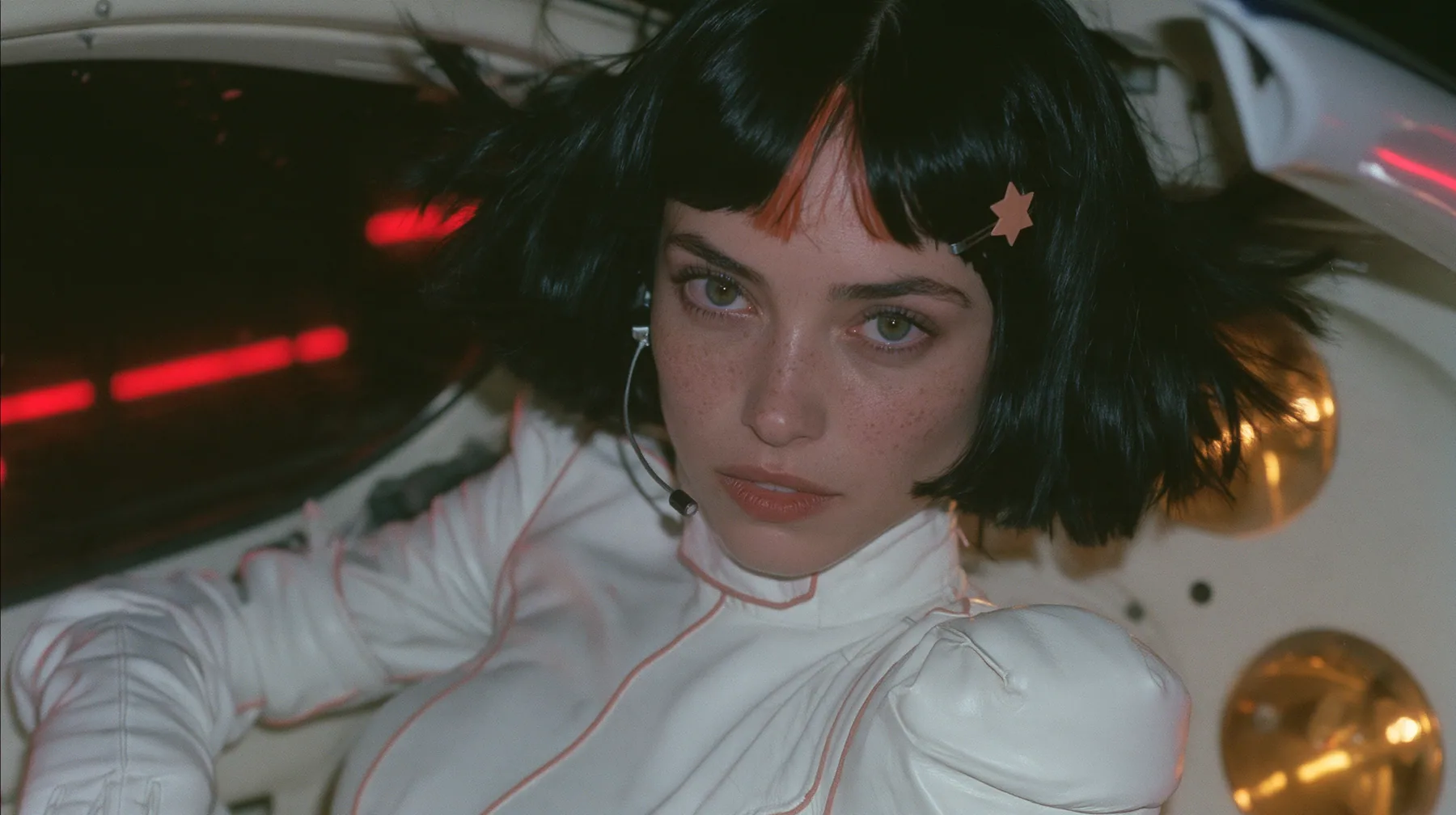 medium close-up, a 28-year-old Caucasian American woman with a grown-up angular face, defined cheekbones and a strong jawline, pale skin and light freckles, a glossy black blunt jaw-length bob with heavy straight…