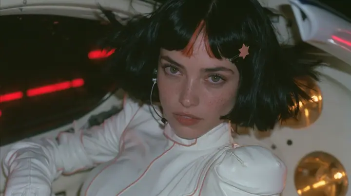 medium close-up, a 28-year-old Caucasian American woman with a grown-up angular face, defined cheekbones and a strong jawline, pale skin and light freckles, a glossy black blunt jaw-length bob with heavy straight…