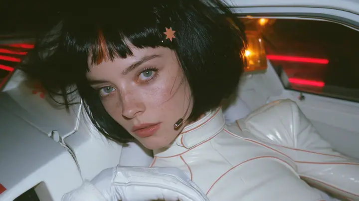 medium close-up, a 28-year-old Caucasian American woman with a grown-up angular face, defined cheekbones and a strong jawline, pale skin and light freckles, a glossy black blunt jaw-length bob with heavy straight…