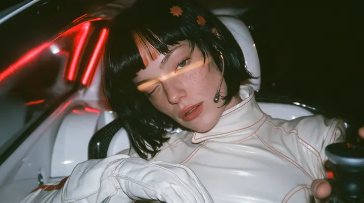 extreme close-up of her eyes and bangs, cropped at the bridge of the nose, a 28-year-old Caucasian American woman with a grown-up angular face, defined cheekbones and a strong jawline, pale skin and light freckles, a…