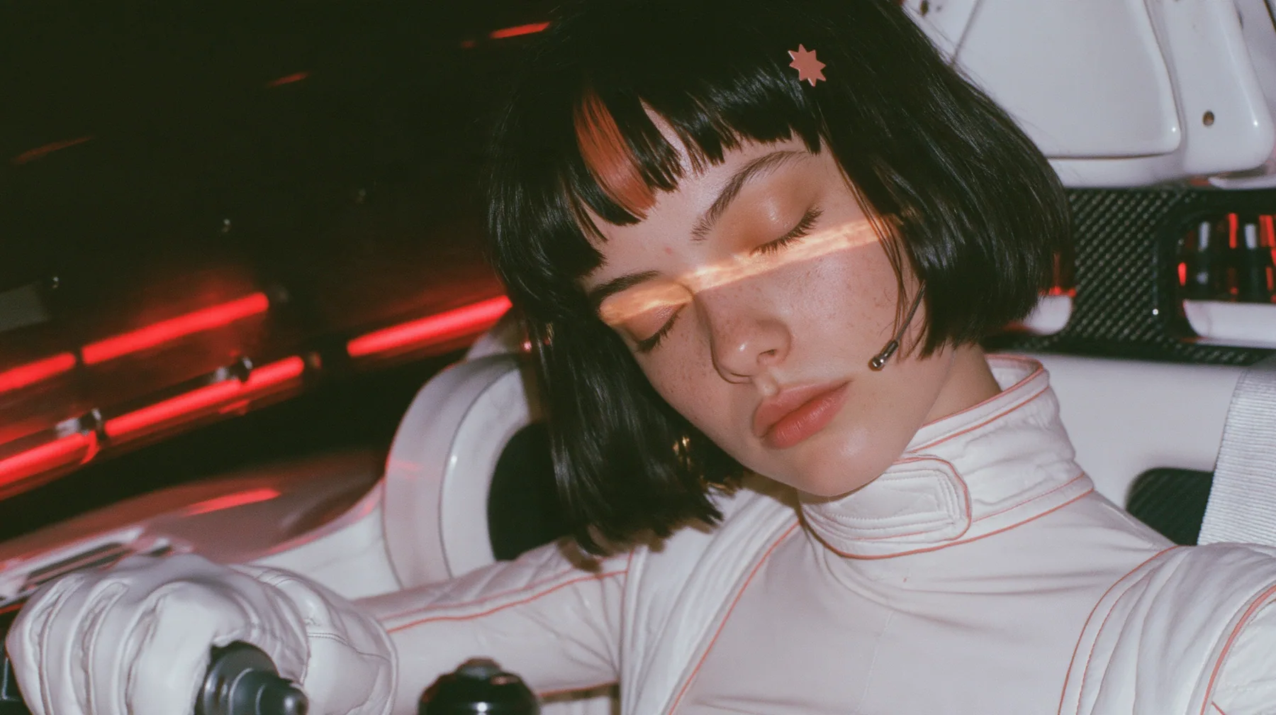 extreme close-up of her eyes and bangs, cropped at the bridge of the nose, a 28-year-old Caucasian American woman with a grown-up angular face, defined cheekbones and a strong jawline, pale skin and light freckles, a…
