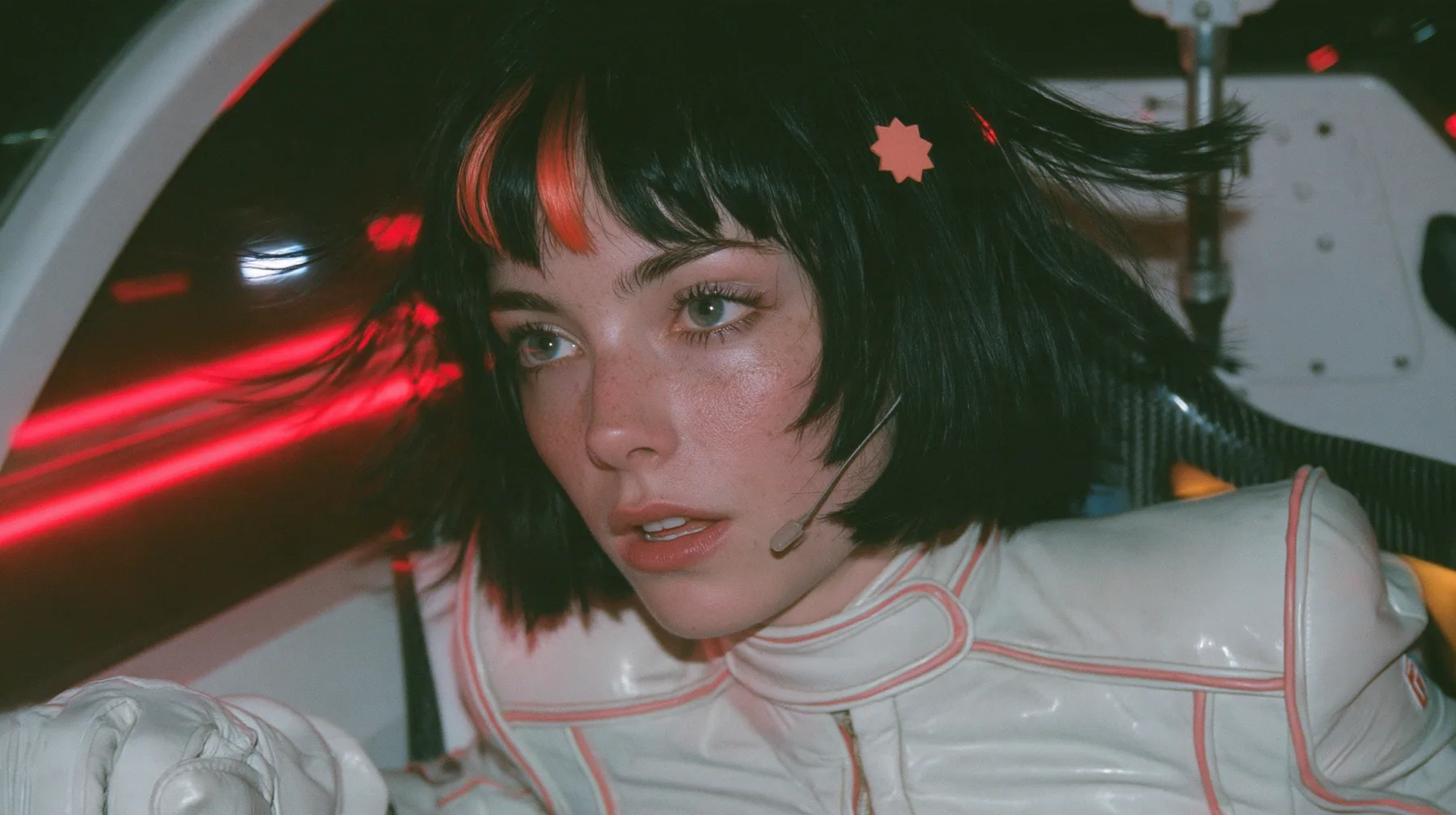 close-up, eye level, a 28-year-old Caucasian American woman with a grown-up angular face, defined cheekbones and a strong jawline, pale skin and light freckles, a glossy black blunt jaw-length bob with heavy straight…