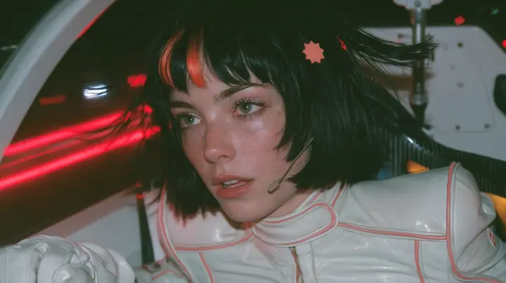 close-up, eye level, a 28-year-old Caucasian American woman with a grown-up angular face, defined cheekbones and a strong jawline, pale skin and light freckles, a glossy black blunt jaw-length bob with heavy straight…