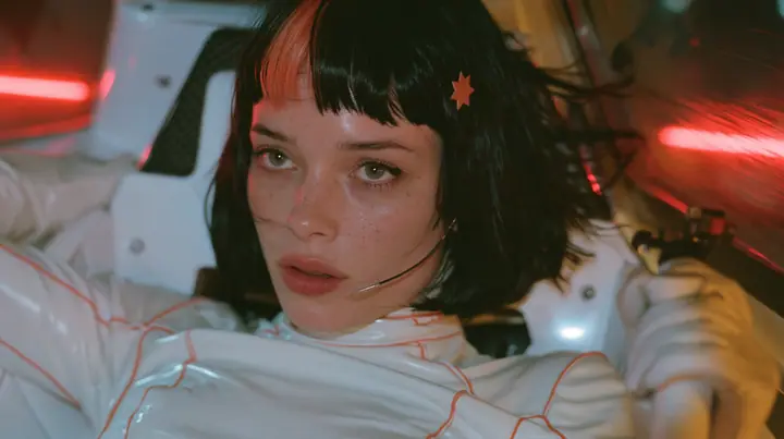 close-up, eye level, a 28-year-old Caucasian American woman with a grown-up angular face, defined cheekbones and a strong jawline, pale skin and light freckles, a glossy black blunt jaw-length bob with heavy straight…