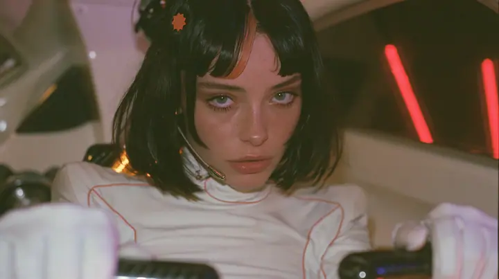 close-up of her two white-gloved hands on the yoke, her chin and headset microphone at the top edge of the frame, a 28-year-old Caucasian American woman with a grown-up angular face, defined cheekbones and a strong…