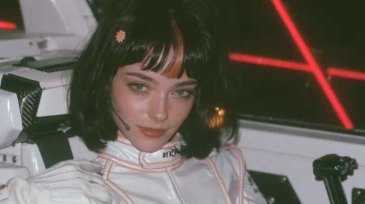 close-up, eye level, a 28-year-old Caucasian American woman with a grown-up angular face, defined cheekbones and a strong jawline, pale skin and light freckles, a glossy black blunt jaw-length bob with heavy straight…
