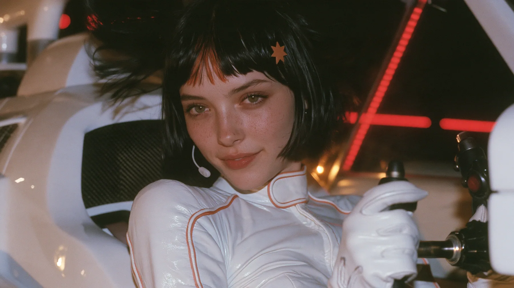 close-up, eye level, a 28-year-old Caucasian American woman with a grown-up angular face, defined cheekbones and a strong jawline, pale skin and light freckles, a glossy black blunt jaw-length bob with heavy straight…