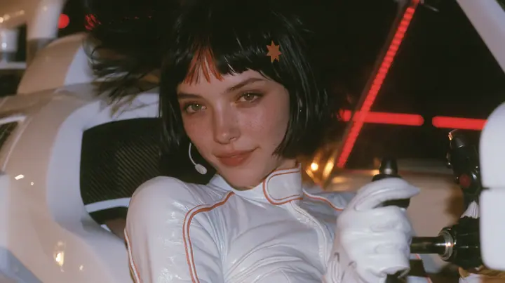 close-up, eye level, a 28-year-old Caucasian American woman with a grown-up angular face, defined cheekbones and a strong jawline, pale skin and light freckles, a glossy black blunt jaw-length bob with heavy straight…