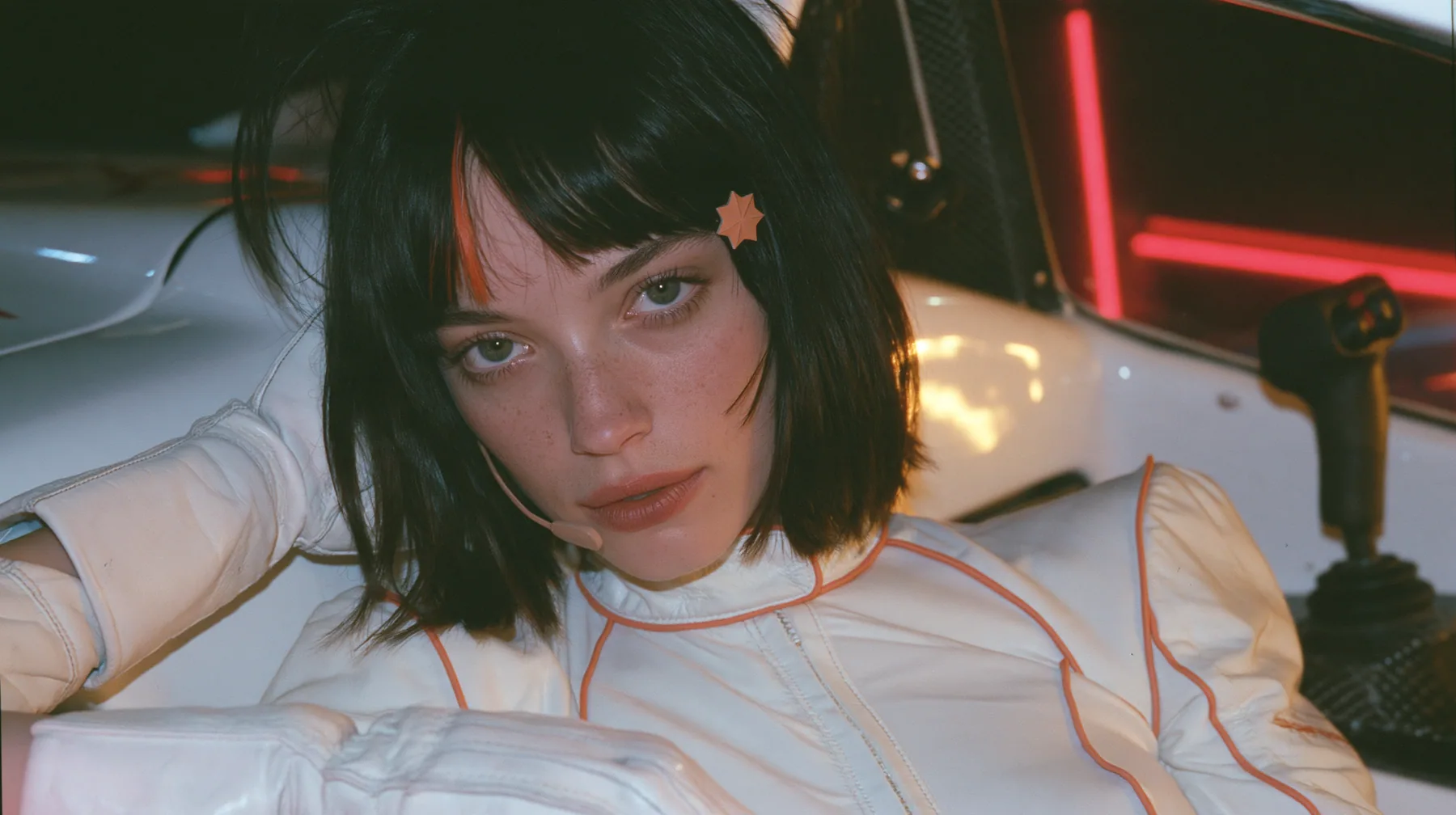 close-up, eye level, a 28-year-old Caucasian American woman with a grown-up angular face, defined cheekbones and a strong jawline, pale skin and light freckles, a glossy black blunt jaw-length bob with heavy straight…