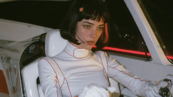 medium close-up from the passenger side across an empty stripped passenger bay, a 28-year-old Caucasian American woman with a grown-up angular face, defined cheekbones and a strong jawline, pale skin and light…
