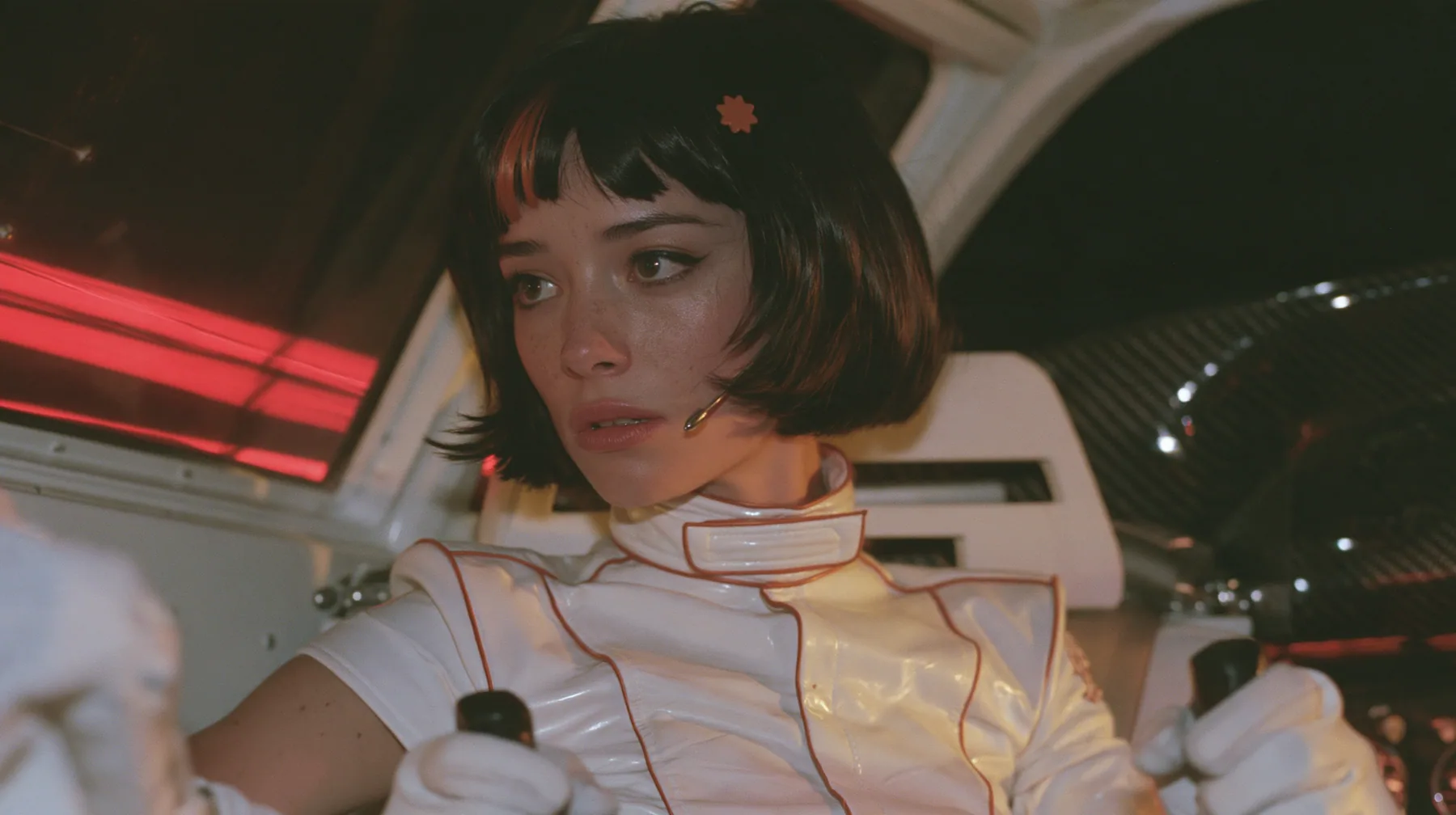 medium close-up from the passenger side across an empty stripped passenger bay, a 28-year-old Caucasian American woman with a grown-up angular face, defined cheekbones and a strong jawline, pale skin and light…