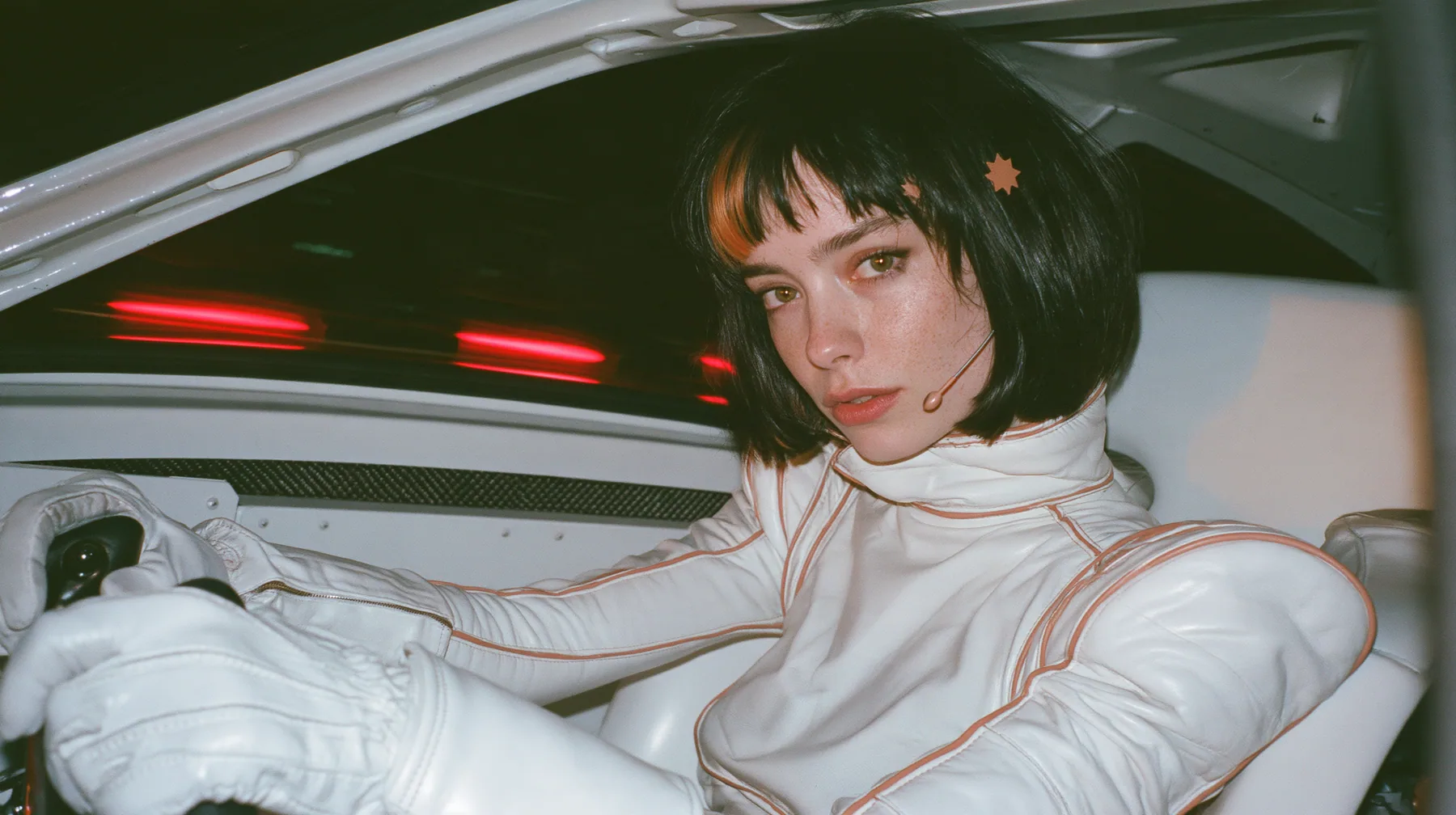 medium close-up from the passenger side across an empty stripped passenger bay, a 28-year-old Caucasian American woman with a grown-up angular face, defined cheekbones and a strong jawline, pale skin and light…