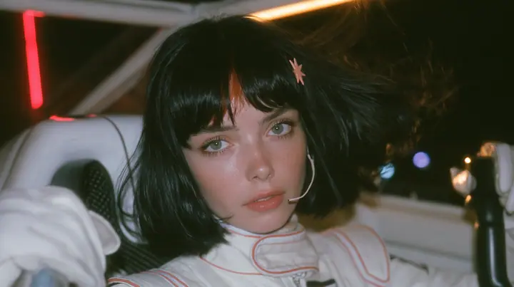 medium close-up, eye level, a 28-year-old Caucasian American woman with a grown-up angular face, defined cheekbones and a strong jawline, pale skin and light freckles, a glossy black blunt jaw-length bob with heavy…